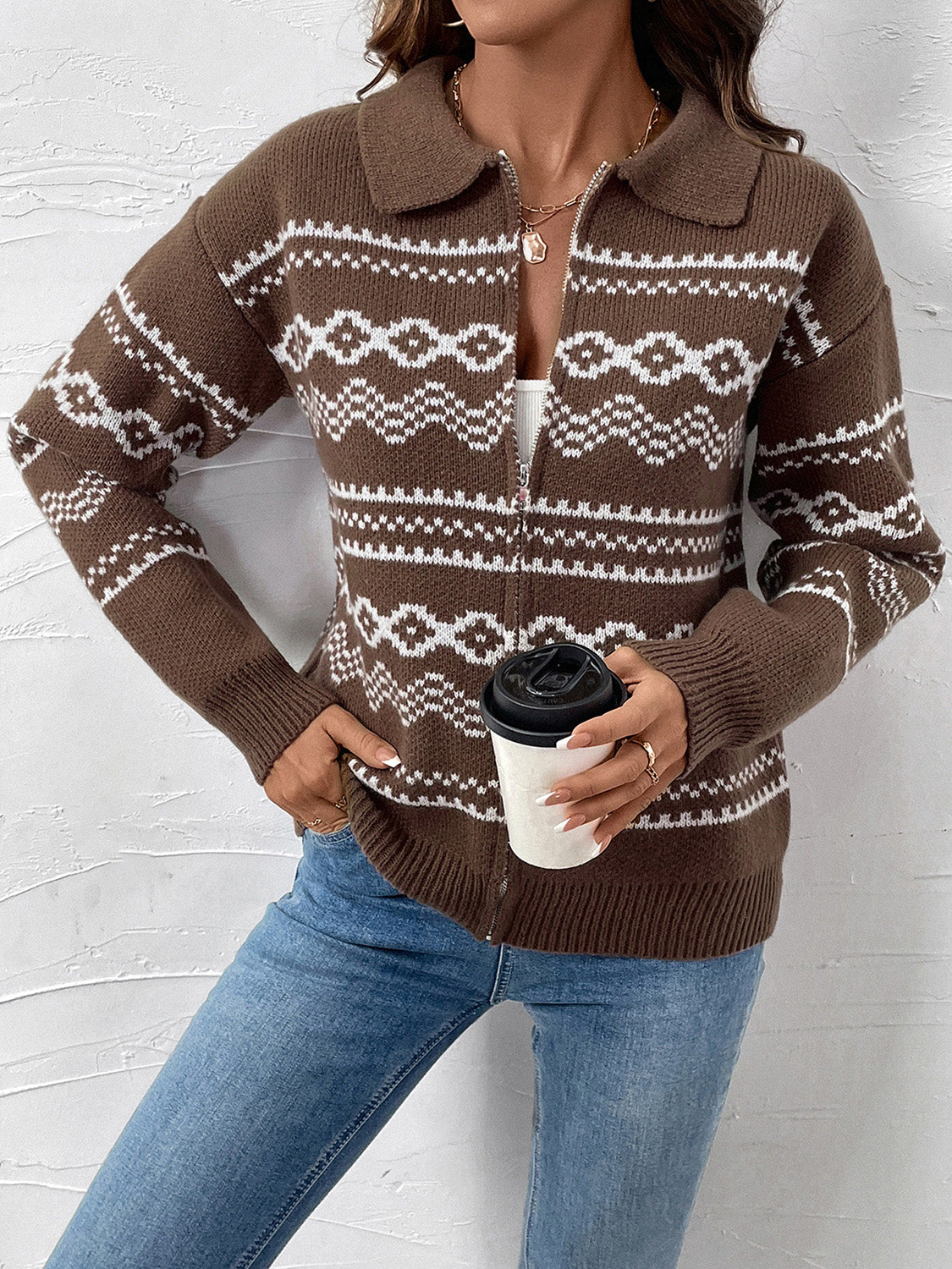 Sanne - Chic Geometrisch Vest met Kraag en Lange Mouwen