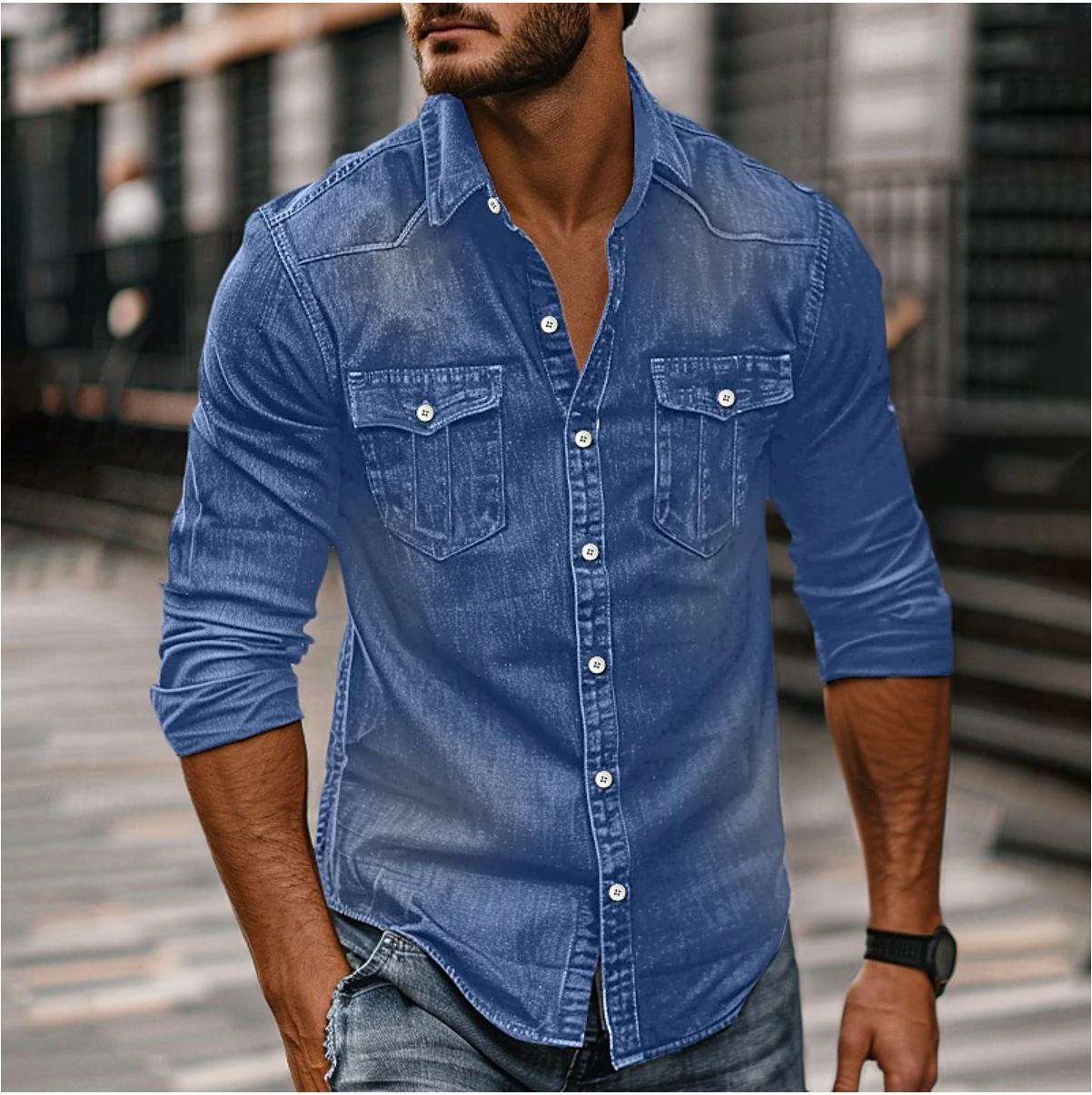 Stoer Denim Shirt met Knoopsluiting
