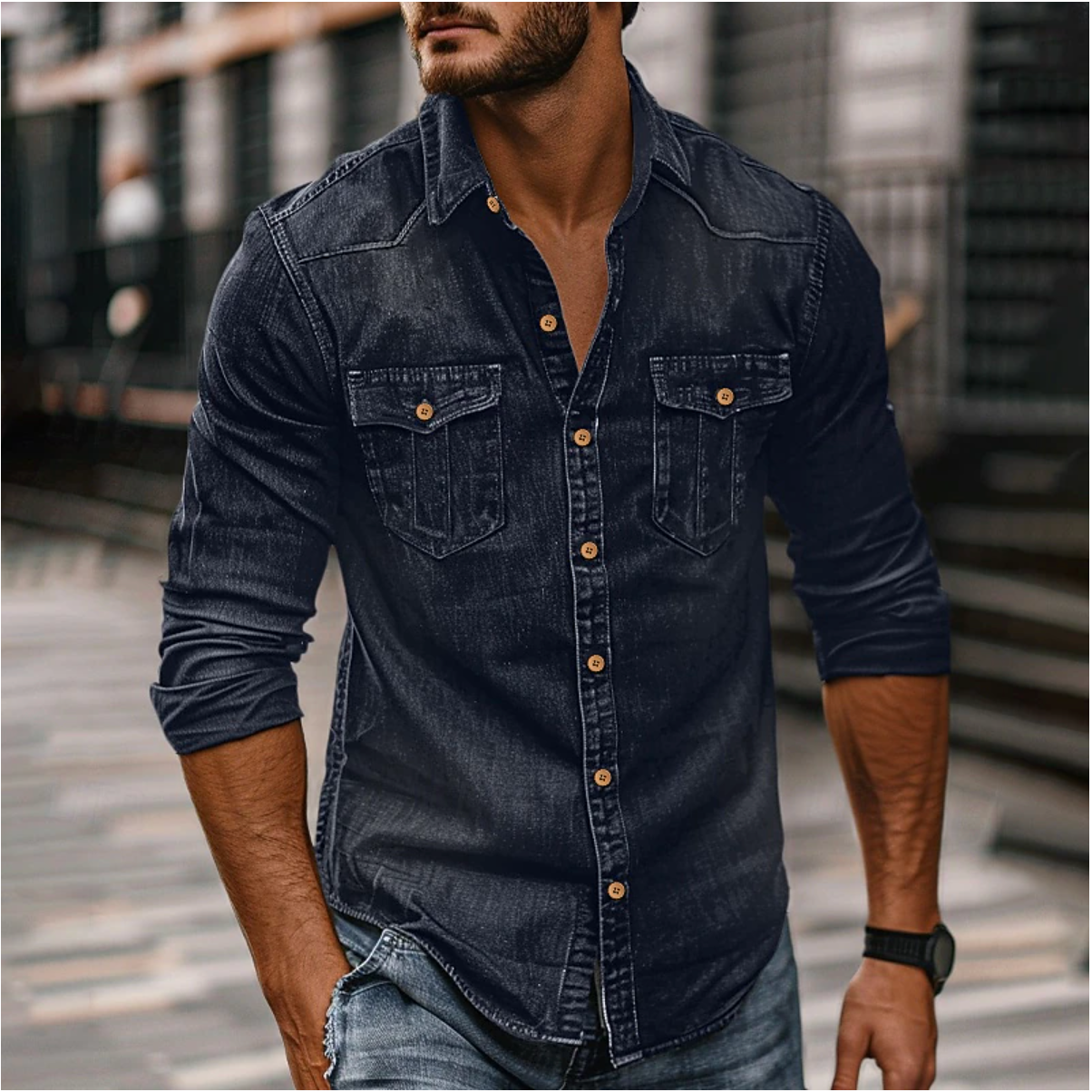 Stoer Denim Shirt met Knoopsluiting