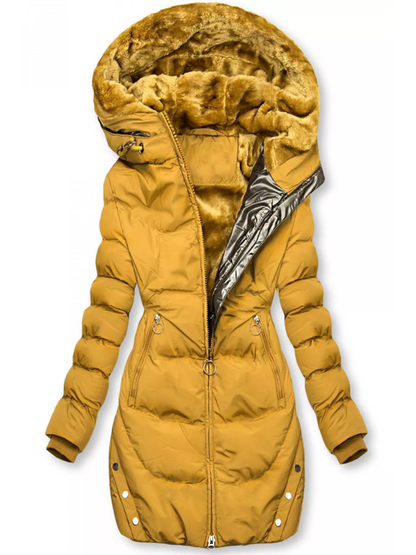 Elegante Halflange Winterjas met Capuchon en Fluwelen Voering