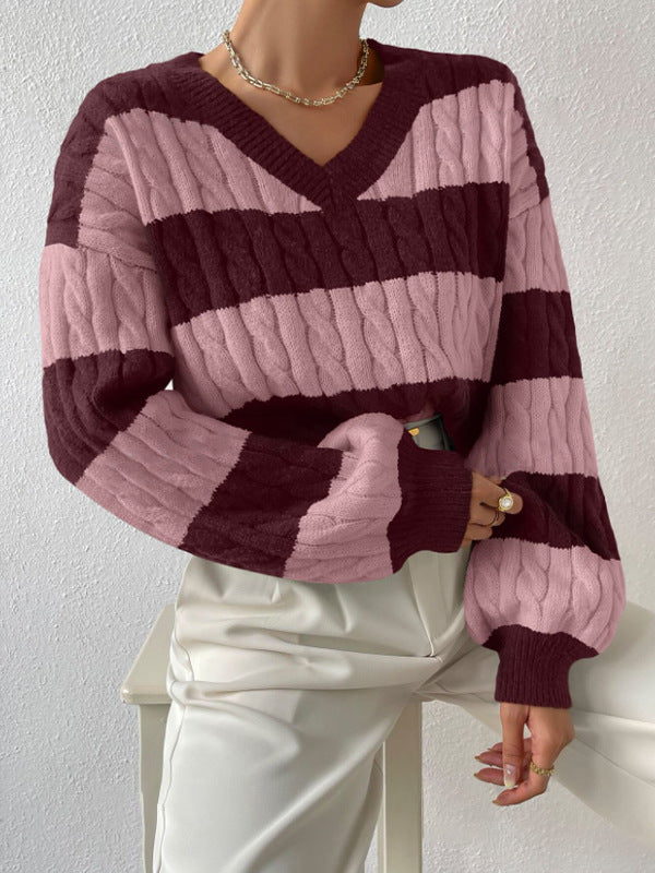 Elegante Gestreepte V-hals Trui voor Herfst/Winter