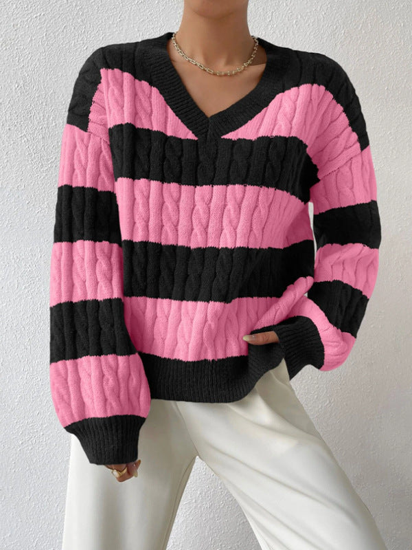 Elegante Gestreepte V-hals Trui voor Herfst/Winter