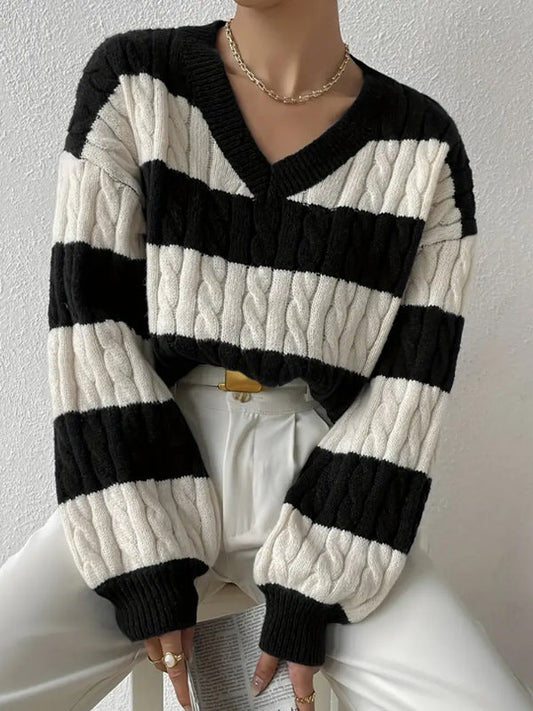 Elegante Gestreepte V-hals Trui voor Herfst/Winter