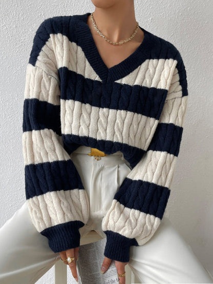 Elegante Gestreepte V-hals Trui voor Herfst/Winter