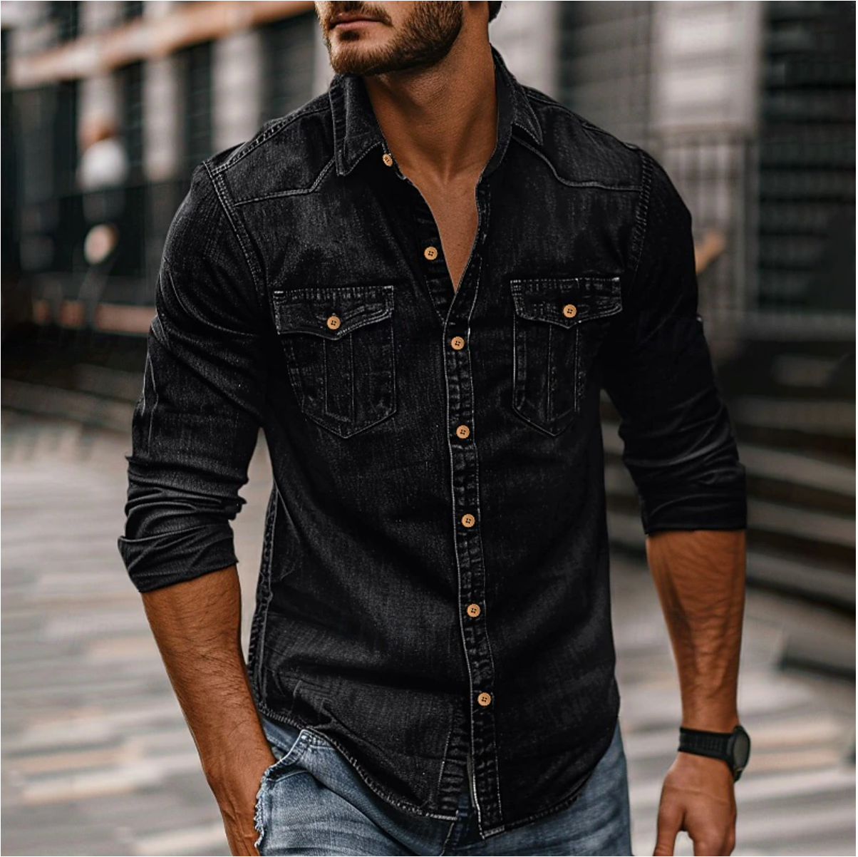 Stoer Denim Shirt met Knoopsluiting