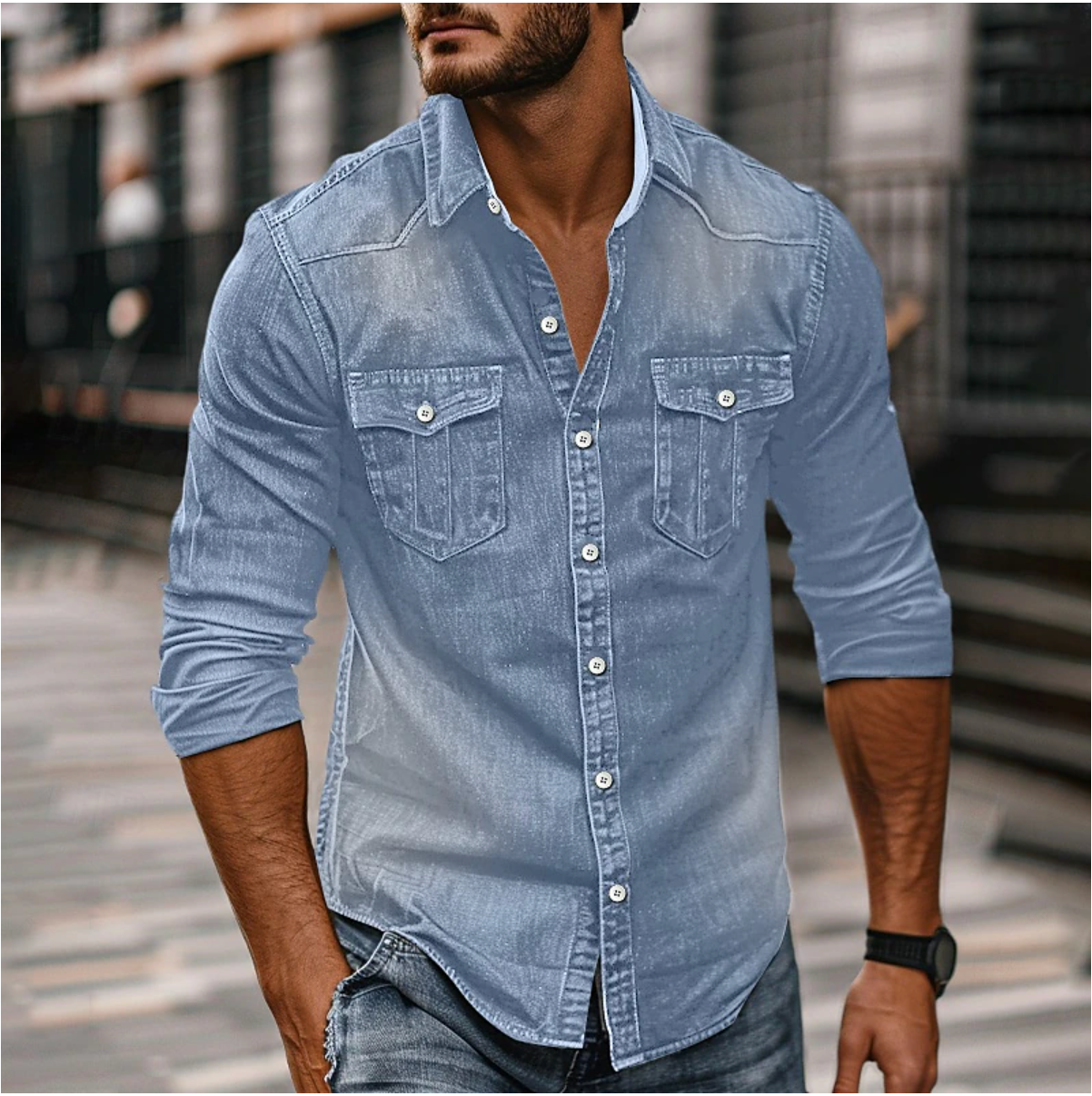 Stoer Denim Shirt met Knoopsluiting