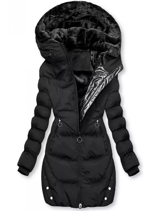 Elegante Halflange Winterjas met Capuchon en Fluwelen Voering